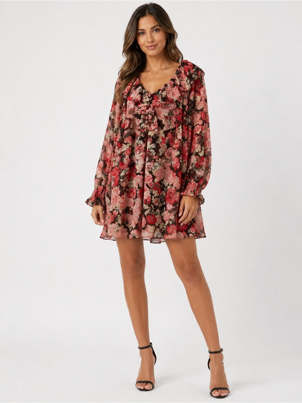 House of Harlow Floral Ruffle Long-Sleeve Mini Dress